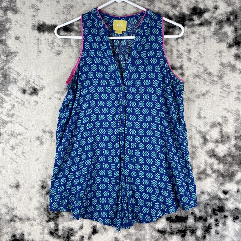 Maeve Blouse Women's Size Blue Rayon Woven Sleeveless Geometric Aztec